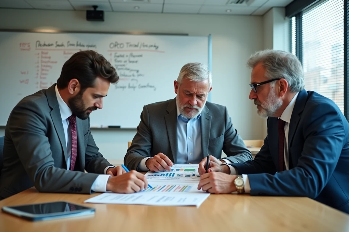 Groupe d'agents publics réunis autour d'une table de réunion pour étudier un guide sur le financement de la formation via l'OPCO