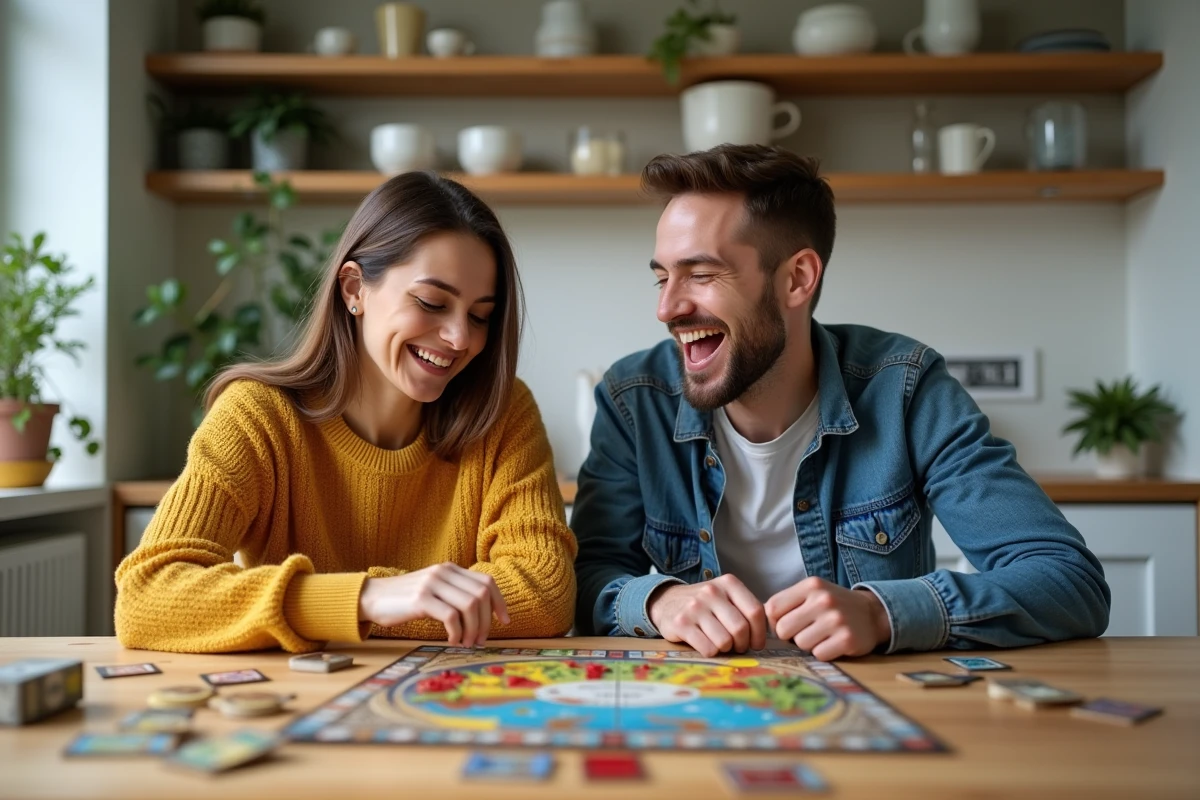 Deux amis jouant à un jeu de société complexe dans une cuisine moderne, activité conviviale pour enrichir ses loisirs