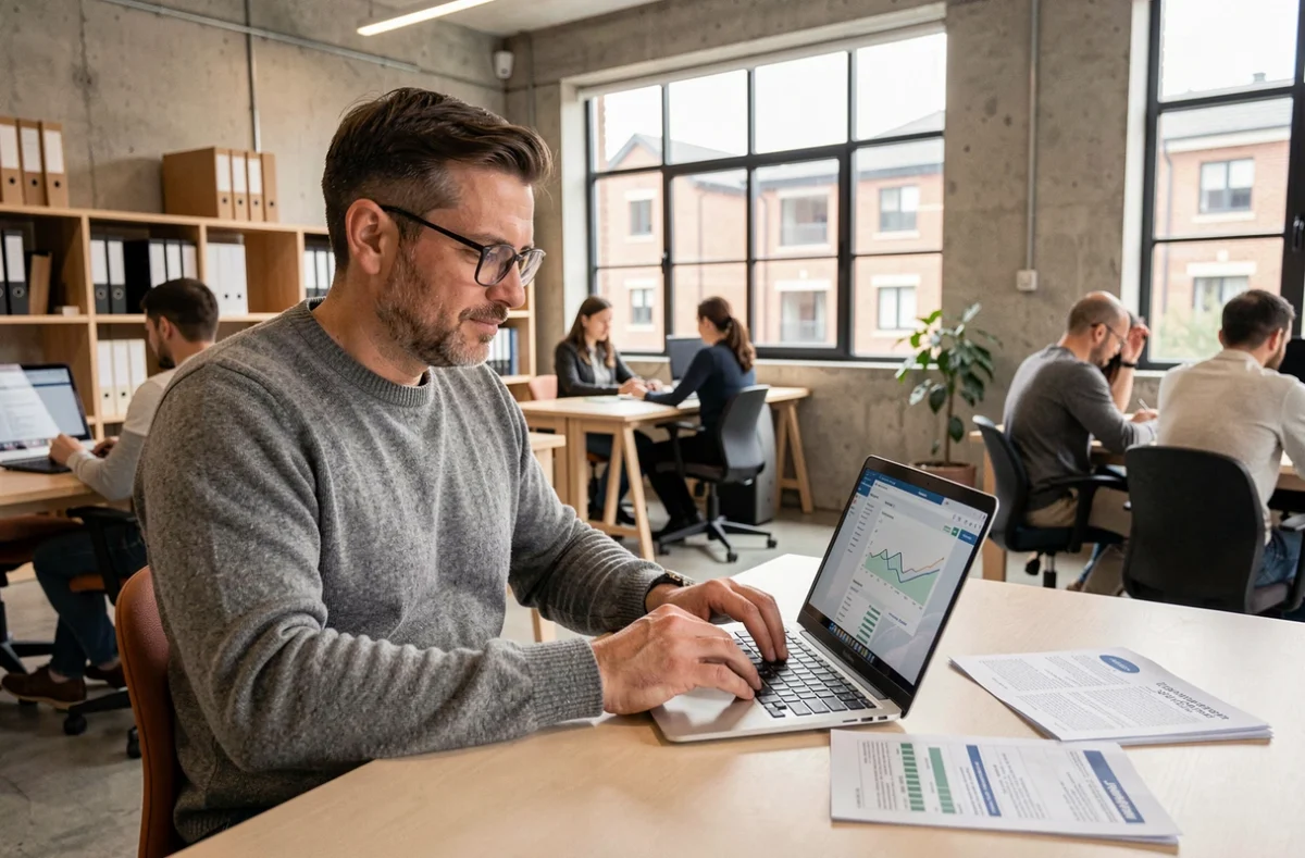 Analyste en stratégie immobilière étudiant des documents de logement sur ordinateur dans un espace de coworking contemporain