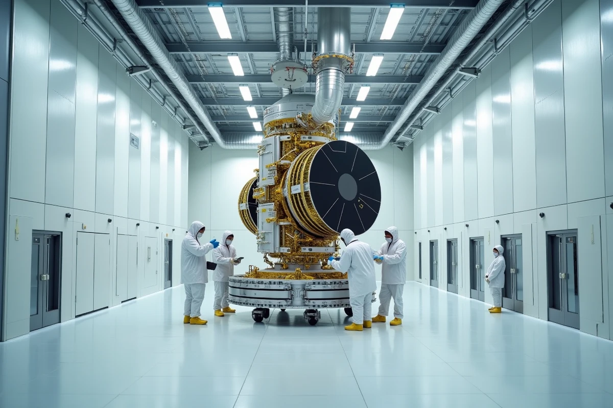 Assemblage d'un satellite de communication dans une salle blanche par des techniciens en combinaison stérile