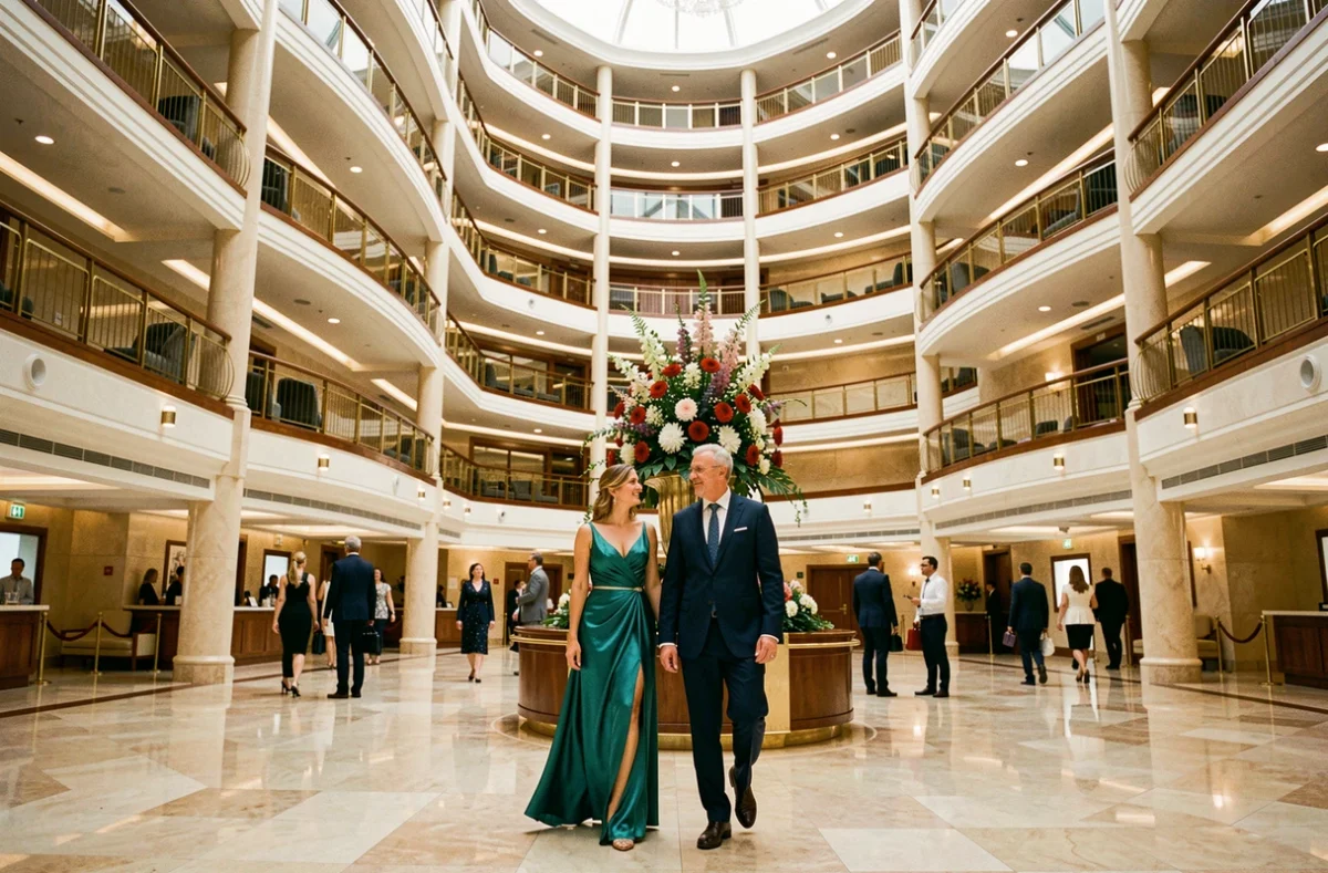 Couple élégant se promenant dans l'atrium luxueux du Costa Deliziosa lors d'une croisière