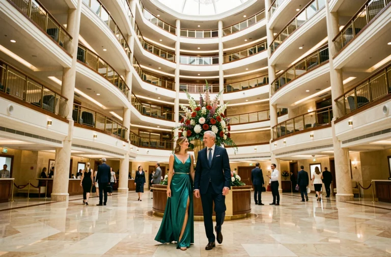 Couple élégant se promenant dans l'atrium luxueux du Costa Deliziosa lors d'une croisière