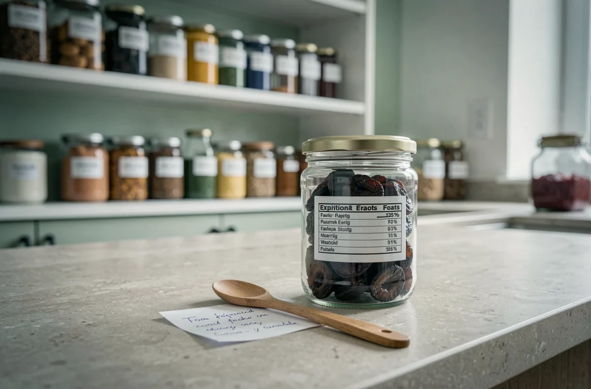 Bocal en verre de pruneaux avec étiquette de date de péremption sur un comptoir en pierre dans un garde-manger organisé