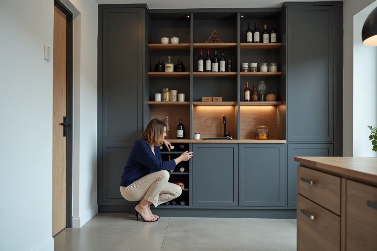 Femme inspectant un cellier moderne intégré avec des étagères modulaires dans une pièce utilitaire contemporaine