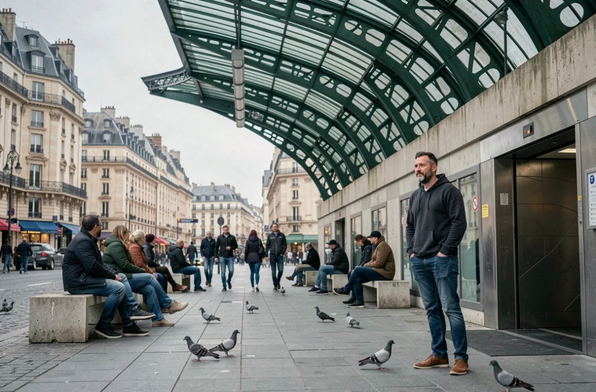 Place extérieure de Châtelet Les Halles avec des passants et l'entrée du métro sous la canopée parisienne