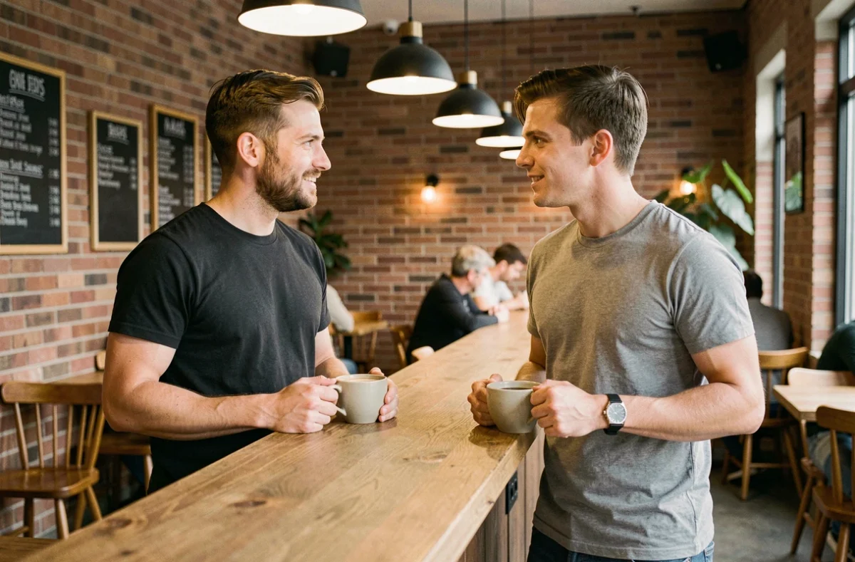 Deux hommes de tailles différentes discutant dans un café, comparaison visuelle illustrant la relativité de la grande taille à 1m80