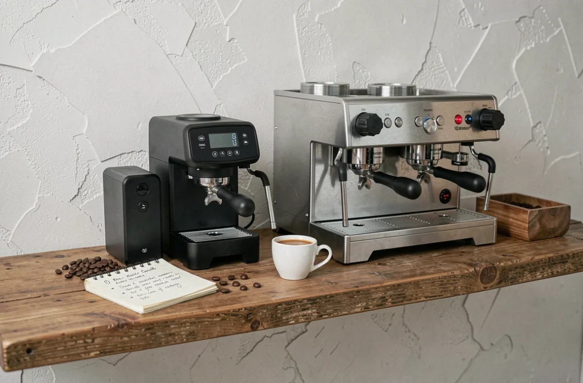 Home coffee station with two espresso machines compared on an oak shelf, coffee cup and notebook
