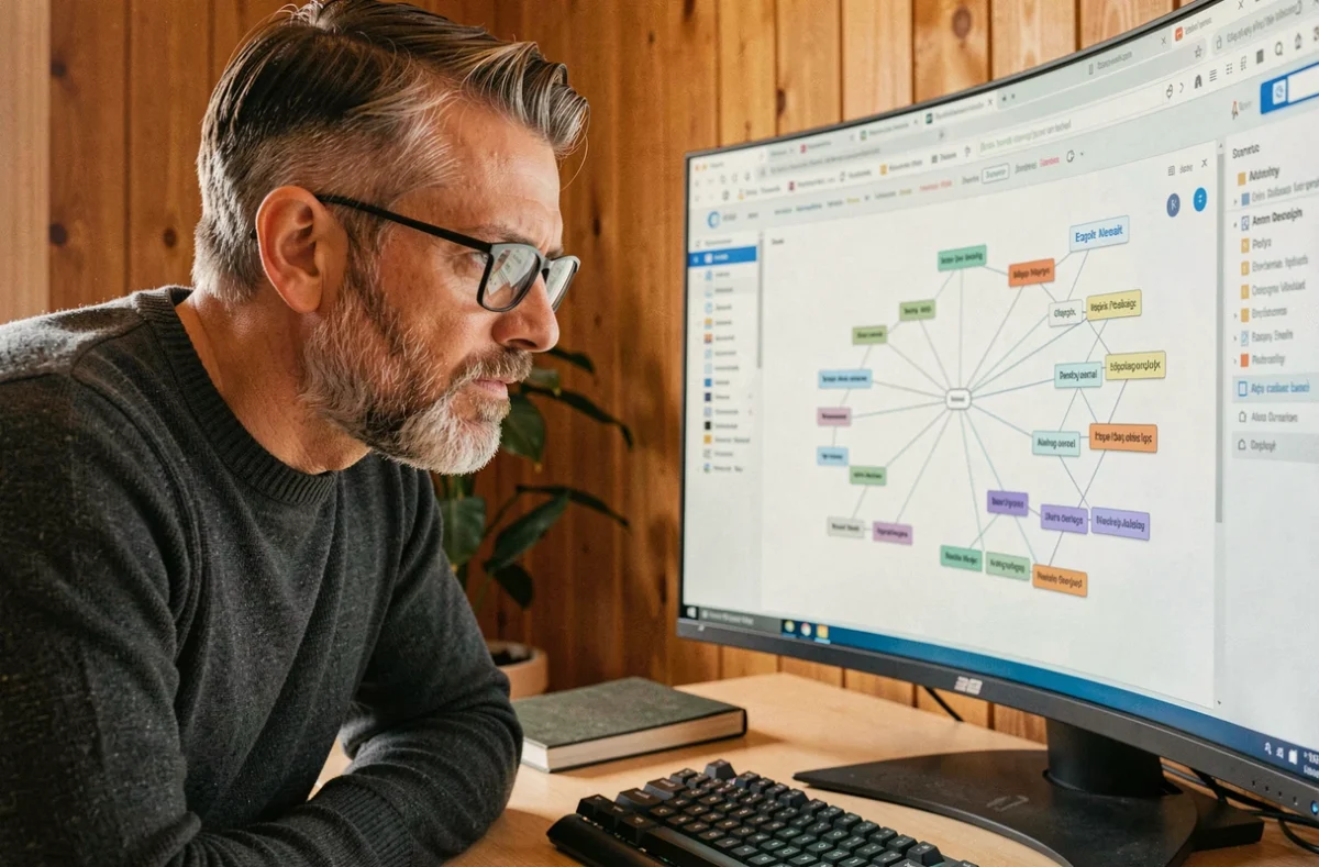 Expert SEO consultant examinant un outil d'audit de sitemap avec arborescence d'URL sur grand écran