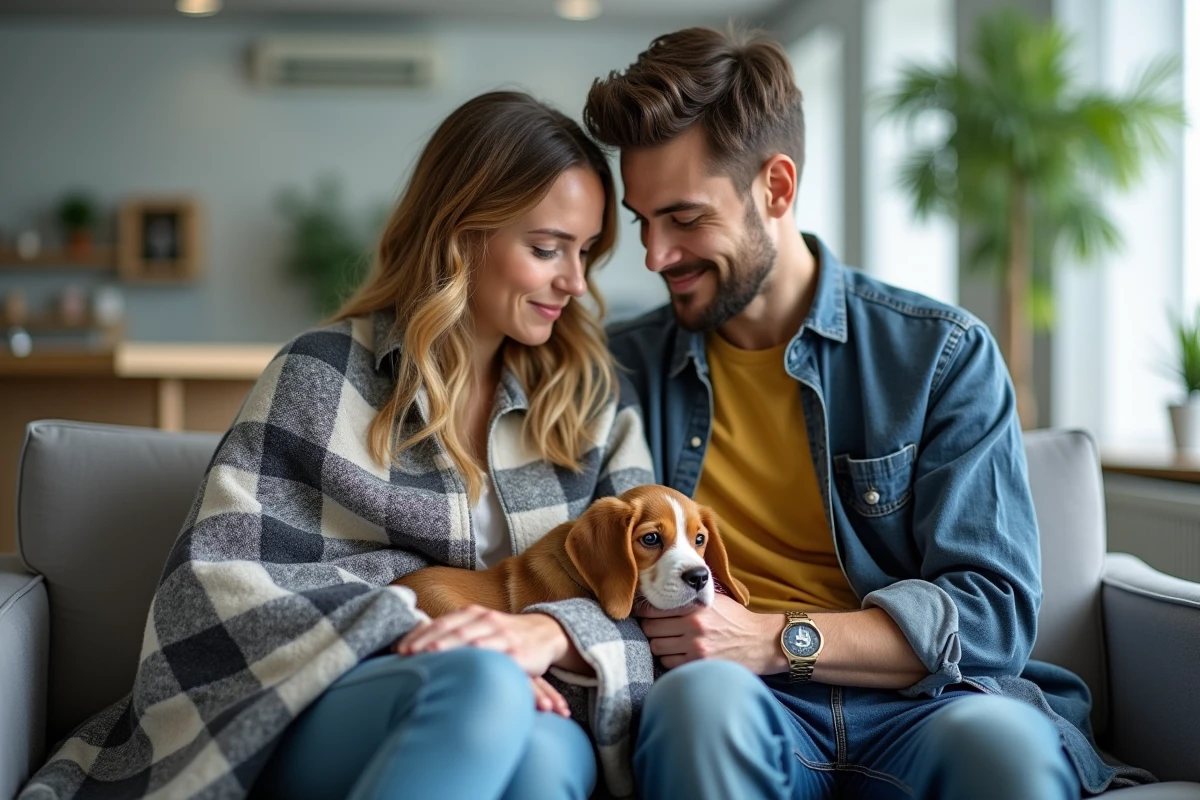 Couple attendant avec leur chiot beagle dans une salle d'attente vétérinaire pour une consultation de santé