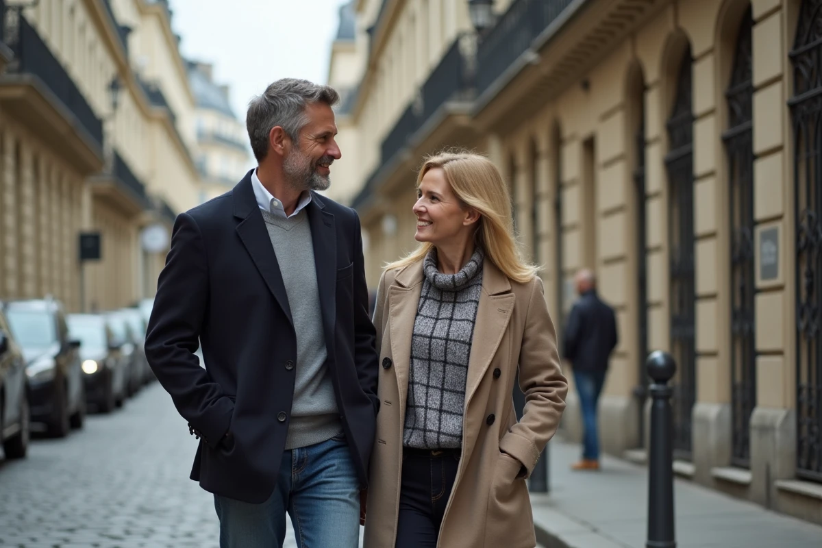 Couple élégant se promenant dans une rue parisienne haussmannienne avec façades en pierre