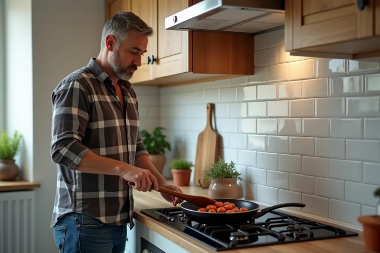 Homme en cuisine tournant des merguez dans une poêle noire