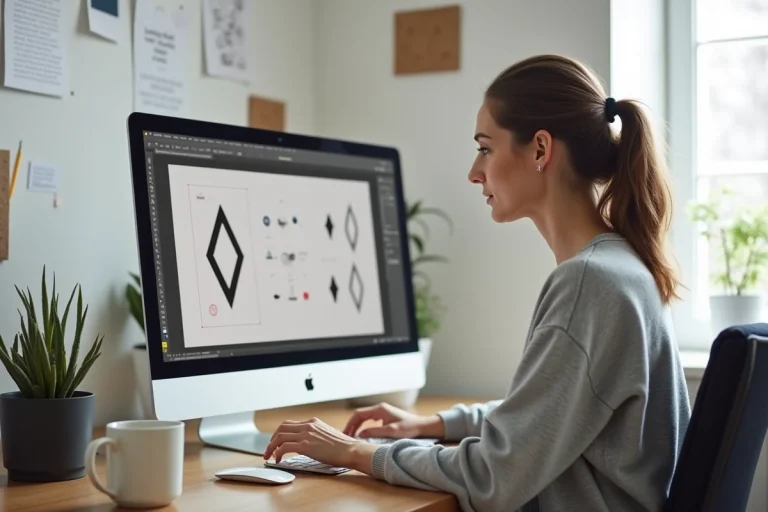 Designer graphique féminine travaillant sur Adobe InDesign pour créer des flèches sur un iMac dans un bureau moderne