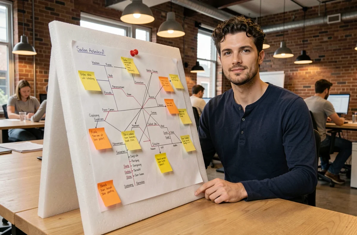 Développeur web examinant un sitemap imprimé sur tableau lors d'une session de travail collaboratif