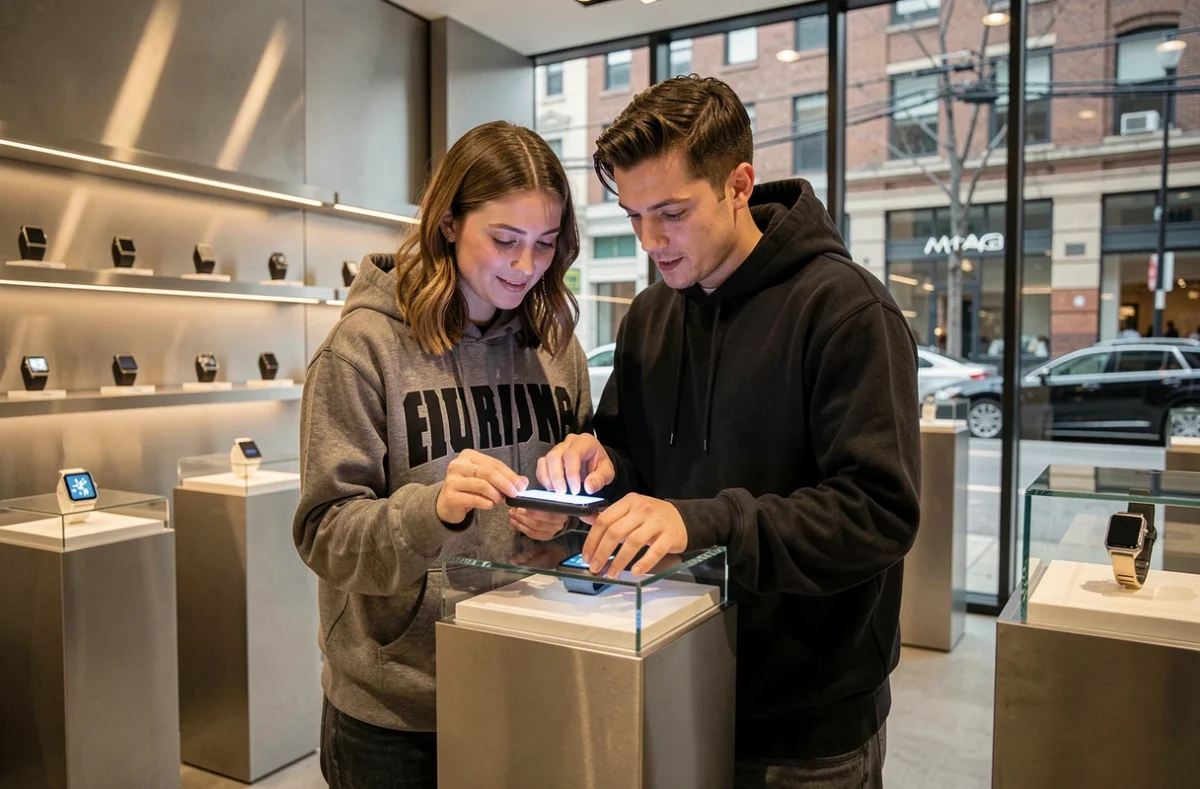 Deux personnes découvrant les dernières montres connectées dans un espace de vente high-tech au design contemporain