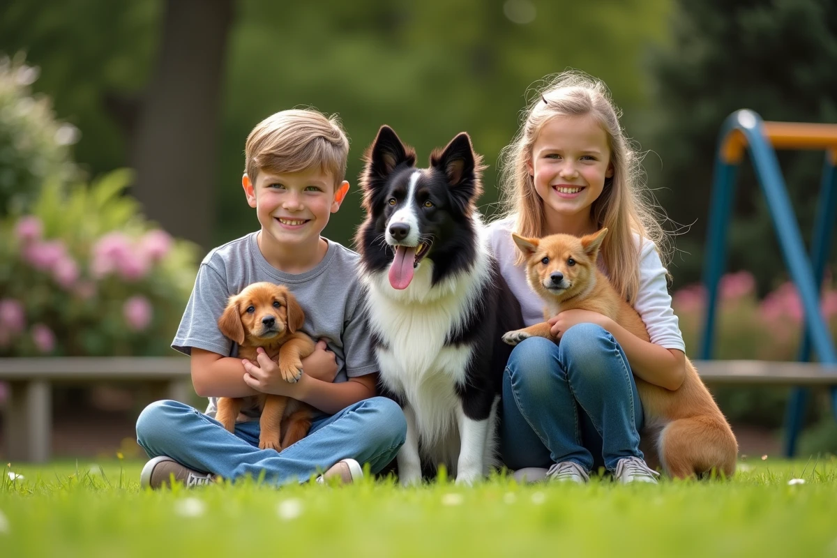 Deux enfants jouant avec des chiots dans un parc verdoyant