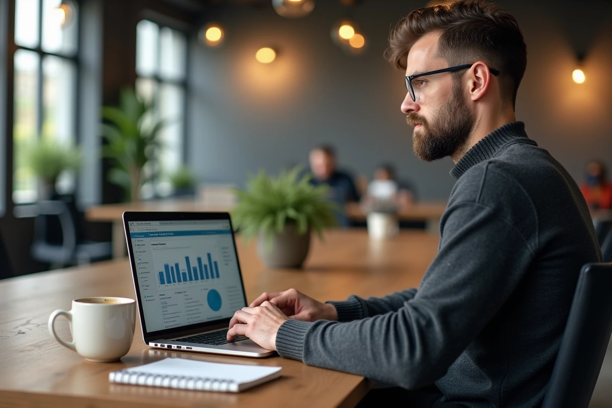 Entrepreneur analysant les tendances business et la croissance de son entreprise sur ordinateur en espace de coworking