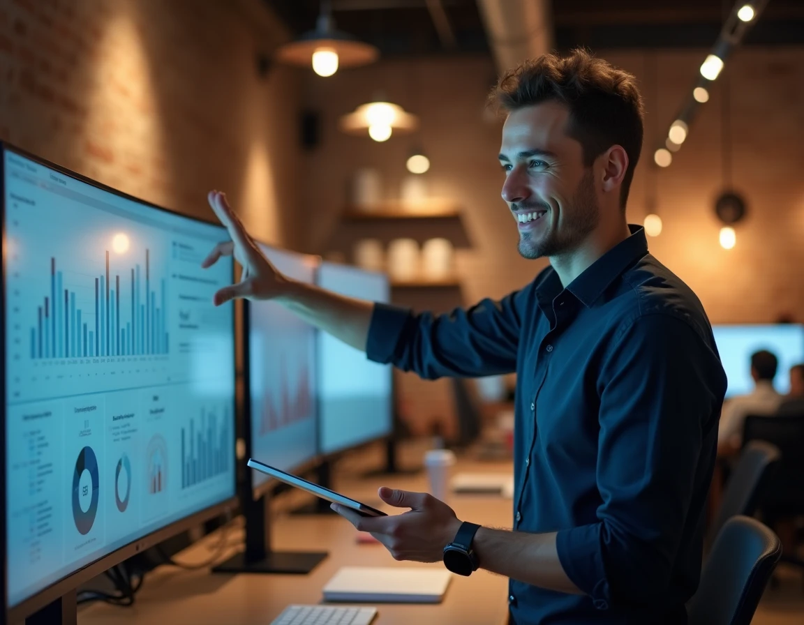 Entrepreneur digital présentant des données analytiques sur un grand écran dans un espace de coworking moderne