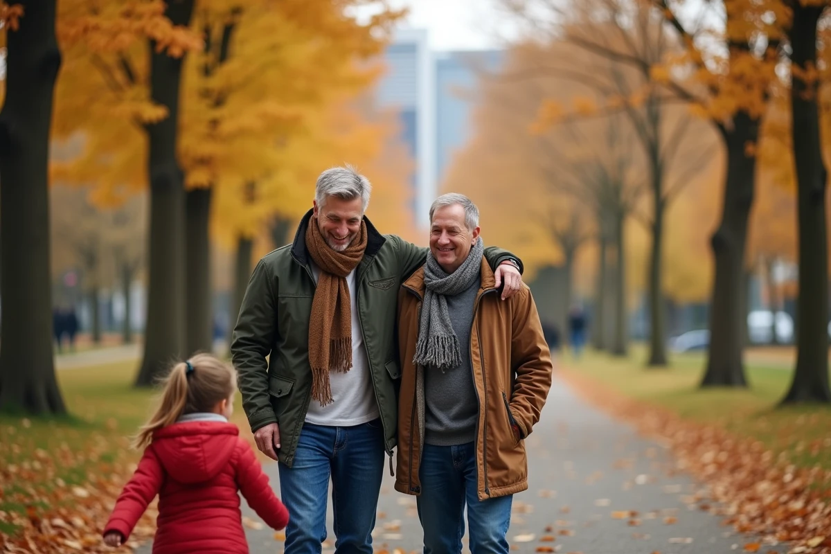 Famille homoparentale avec enfant adoptif dans un parc urbain en automne