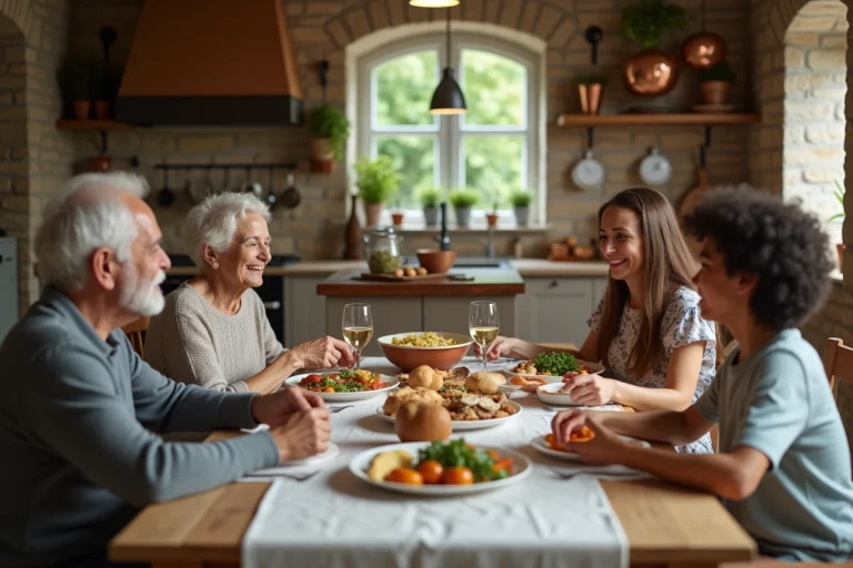 Famille multigénérationnelle réunie autour d'un repas dans une cuisine de campagne chaleureuse