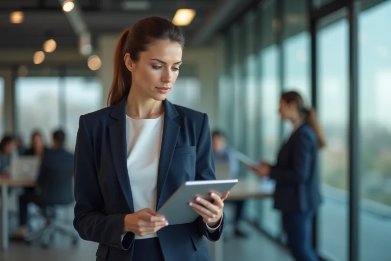 Femme d'affaires consultant des tendances business sur tablette numérique dans un bureau moderne en 2024