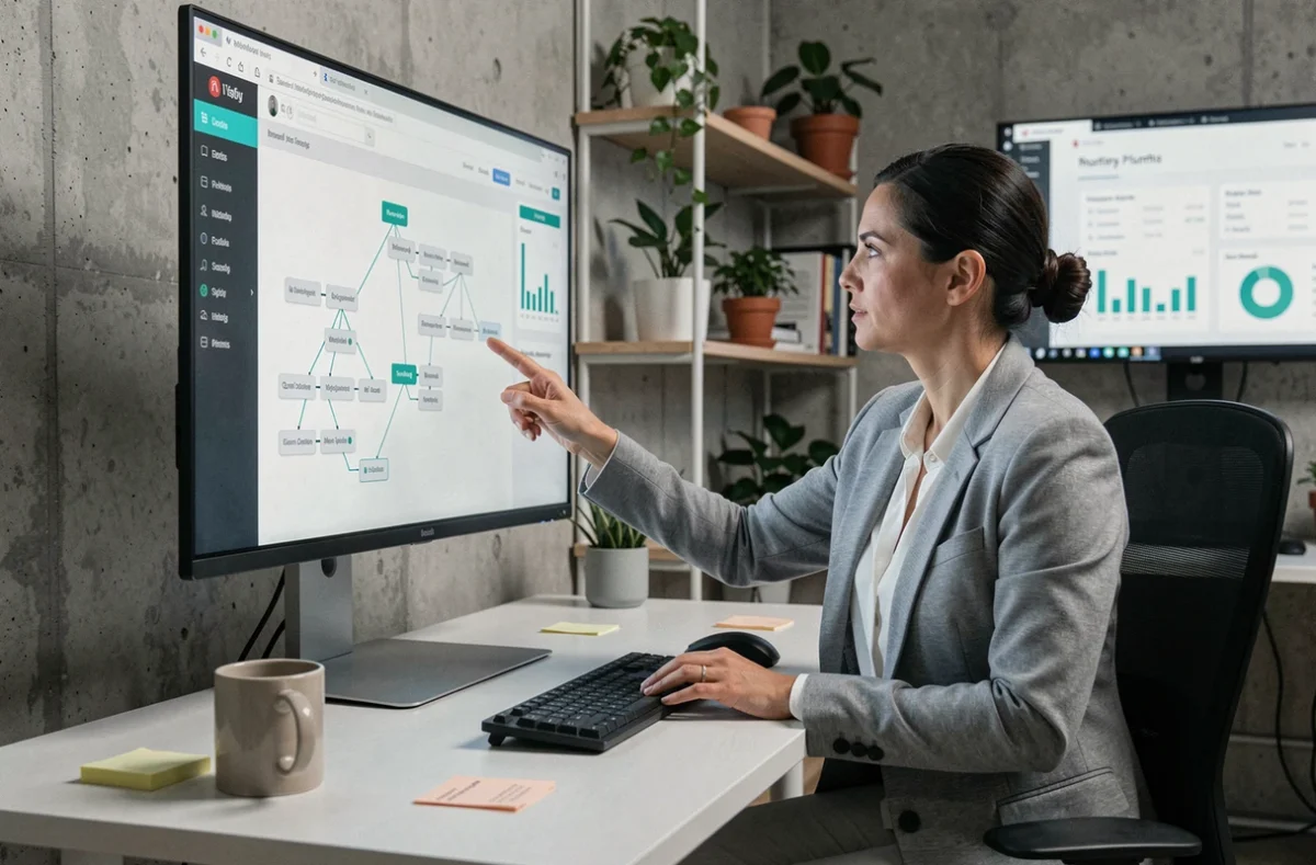 Femme professionnelle analysant un sitemap de site web sur un grand moniteur dans un bureau moderne