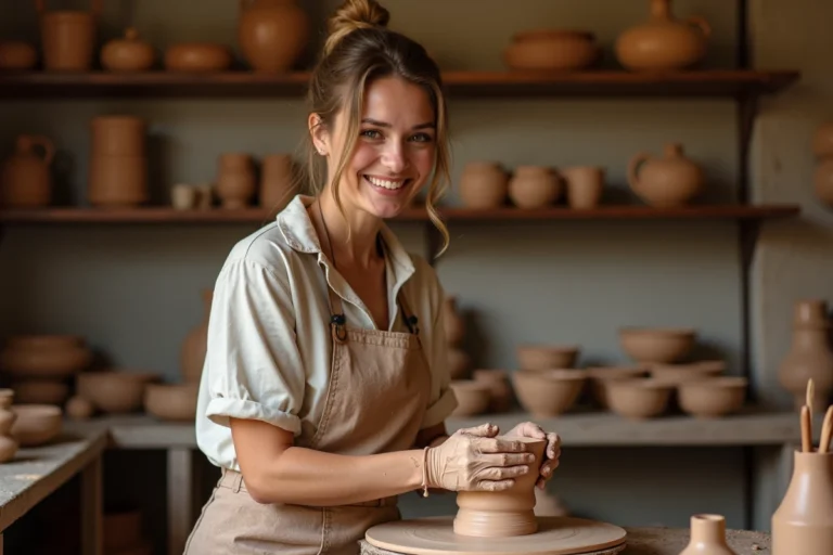 Femme apprenant la poterie dans un atelier artisanal, activité créative et enrichissante pour les loisirs