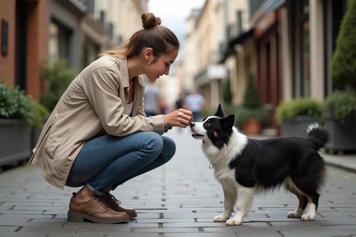 Femme promenant son Border Collie en ville, scène de complicité entre une maîtresse et son chien dans une rue urbaine