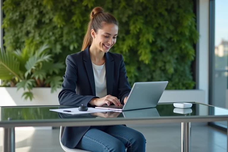 Jeune femme au bureau avec ordinateur innovant et earpiece