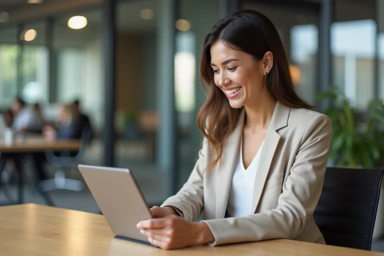 Femme d'affaires souriante avec tablette dans un bureau moderne