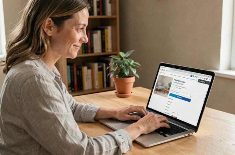 Femme appliquant un code promo sur un site de meubles en ligne depuis son bureau à domicile