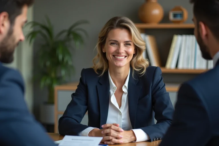 Femme confiante en costume navy lors d'un entretien