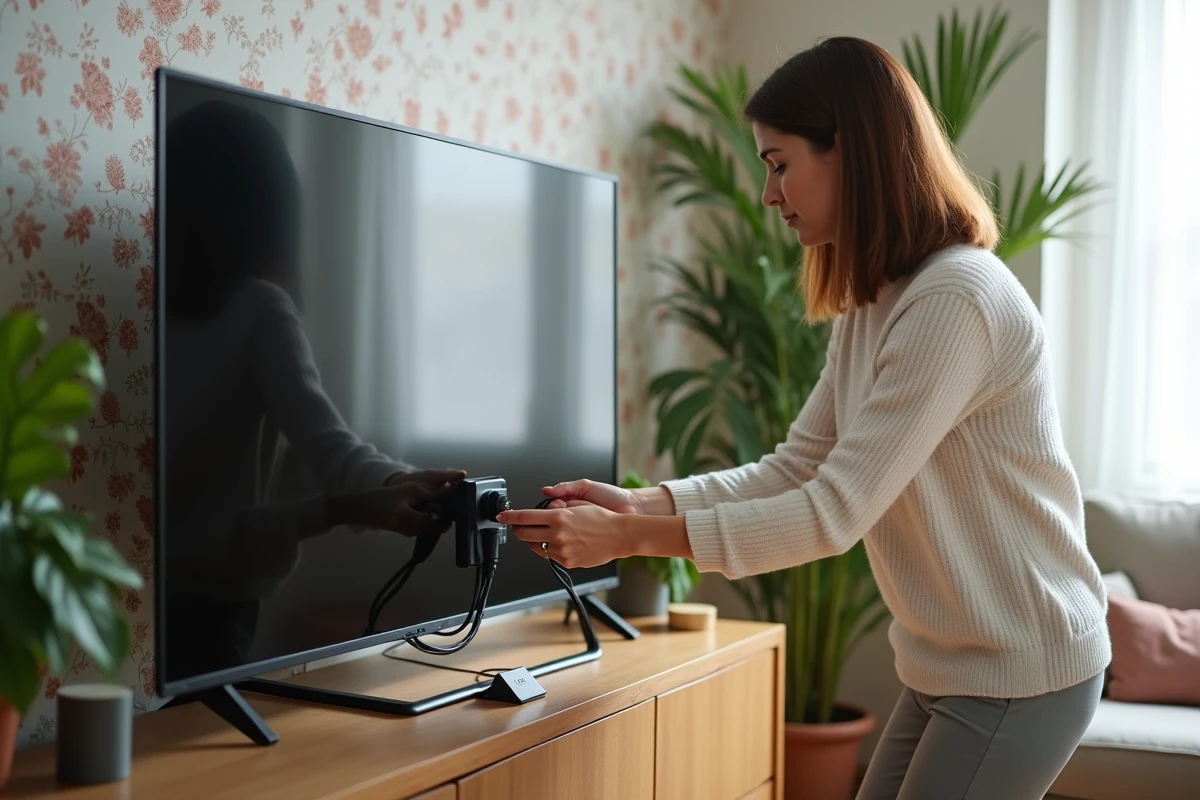 Femme connectant un câble HDMI à une grande télévision dans le salon