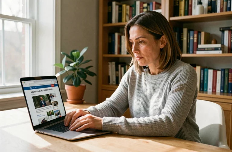 Femme parcourant un site d'actualités sur son ordinateur portable dans un bureau à domicile
