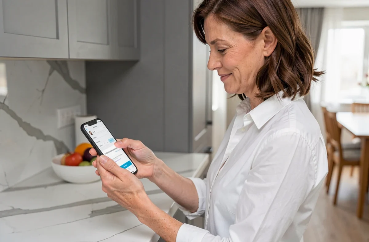 Femme finalisant une commande en ligne avec un code promo sur smartphone dans une cuisine moderne