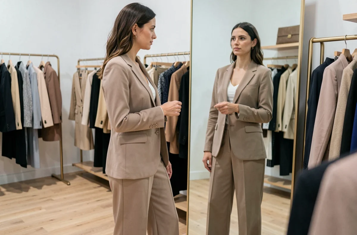 Grande femme d'1m80 s'observant dans un miroir de boutique de mode, illustrant la perception de la taille et du style vestimentaire pour les personnes de grande stature