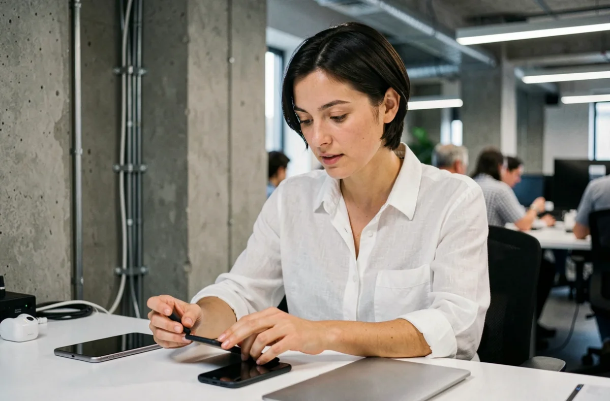 Femme professionnelle découvrant les dernières innovations high-tech sur un bureau moderne rempli d'appareils électroniques