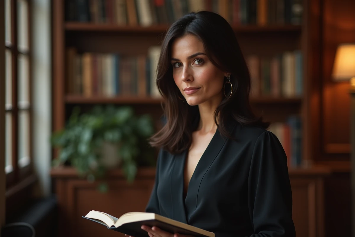 Femme journaliste élégante dans un bureau parisien avec bibliothèque en arrière-plan