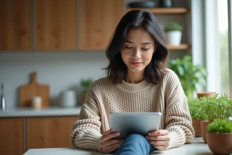 Femme lisant des conseils bien-être sur tablette dans sa cuisine