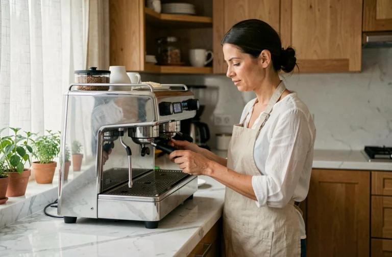Femme utilisant une machine à expresso en acier inoxydable dans une cuisine moderne avec plan de travail en marbre