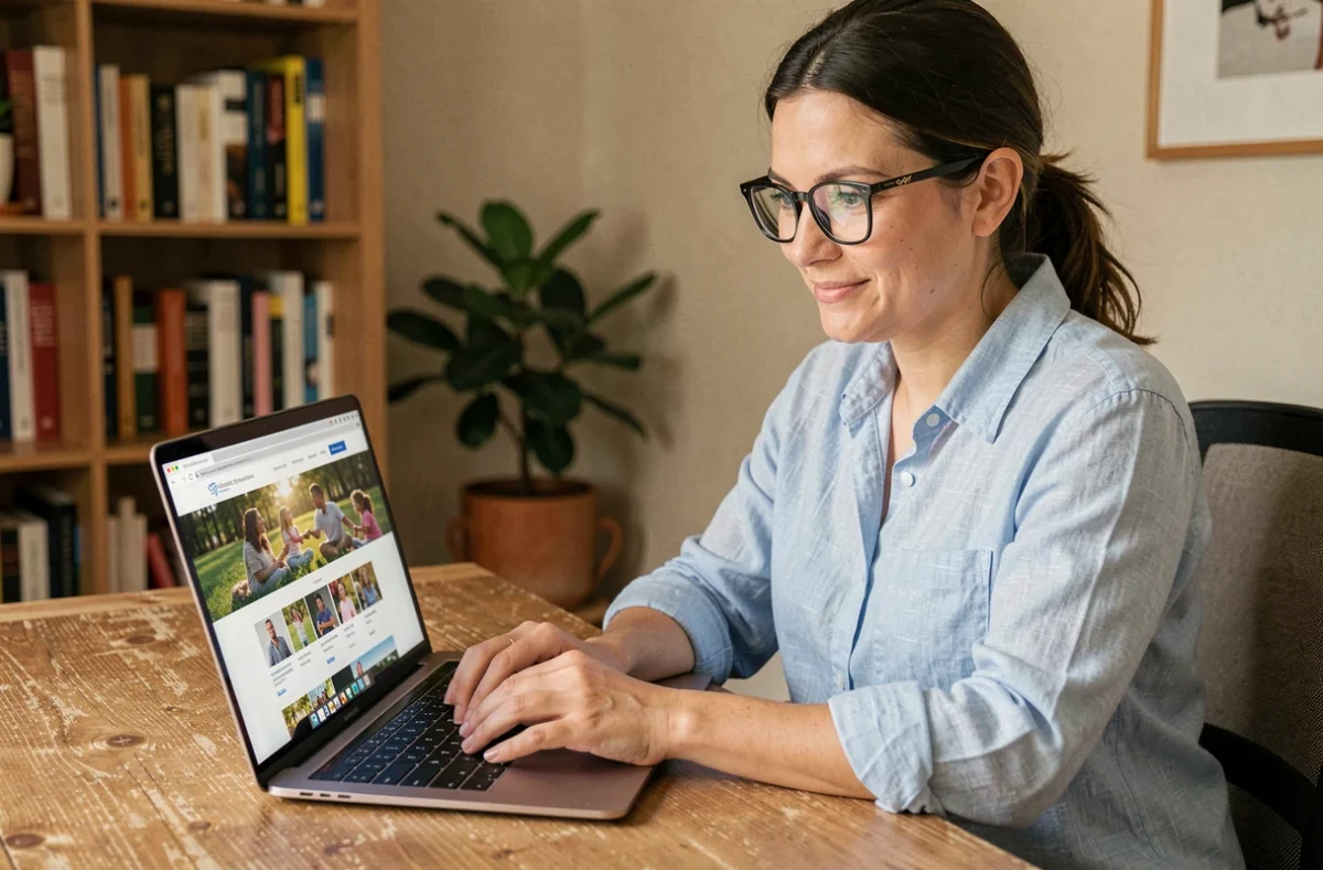 Femme naviguant sur la carte du site Let's Play Family depuis un ordinateur portable dans un bureau à domicile