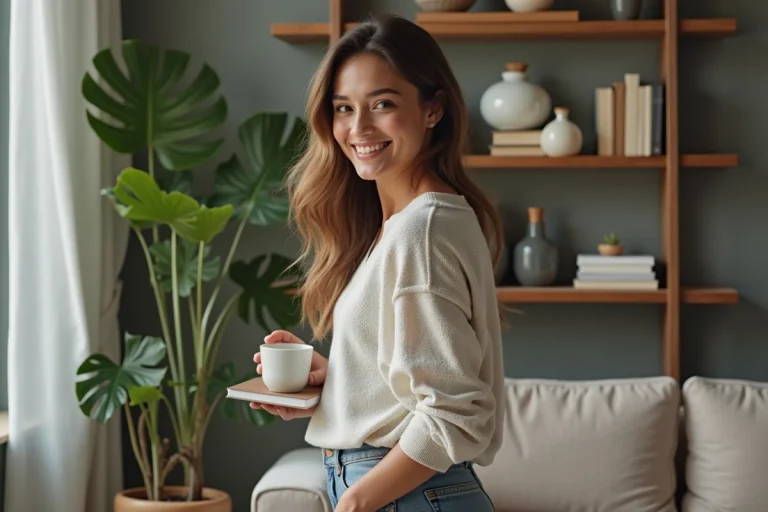 Femme organisant des livres dans un salon cosy