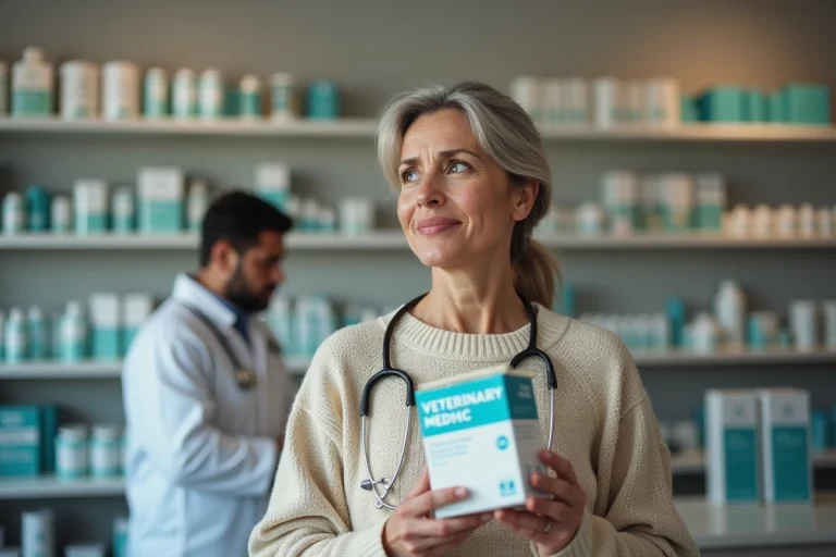 Femme d'âge moyen dans une pharmacie tenant une boîte de médicament vétérinaire
