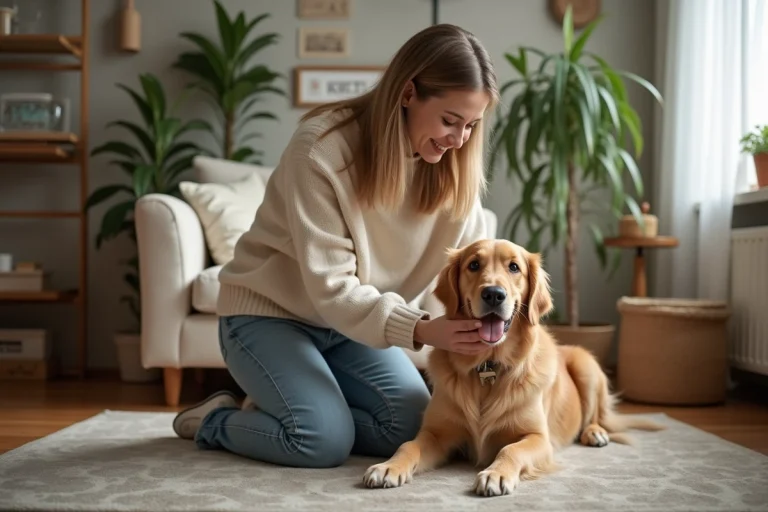 Femme souriante caressant un Golden Retriever dans un intérieur chaleureux