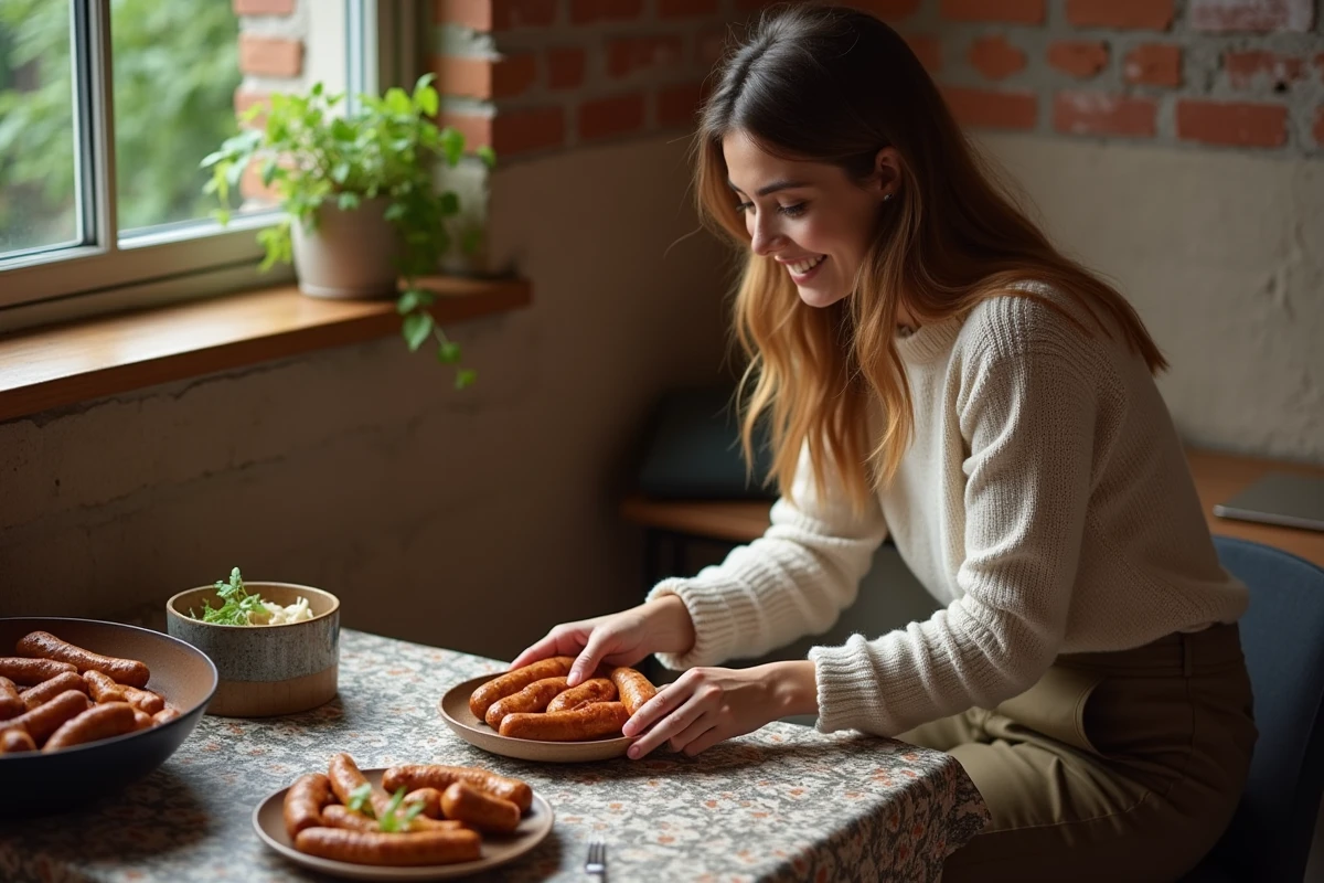 Jeune femme servant des merguez sur une assiette en cuisine chaleureuse