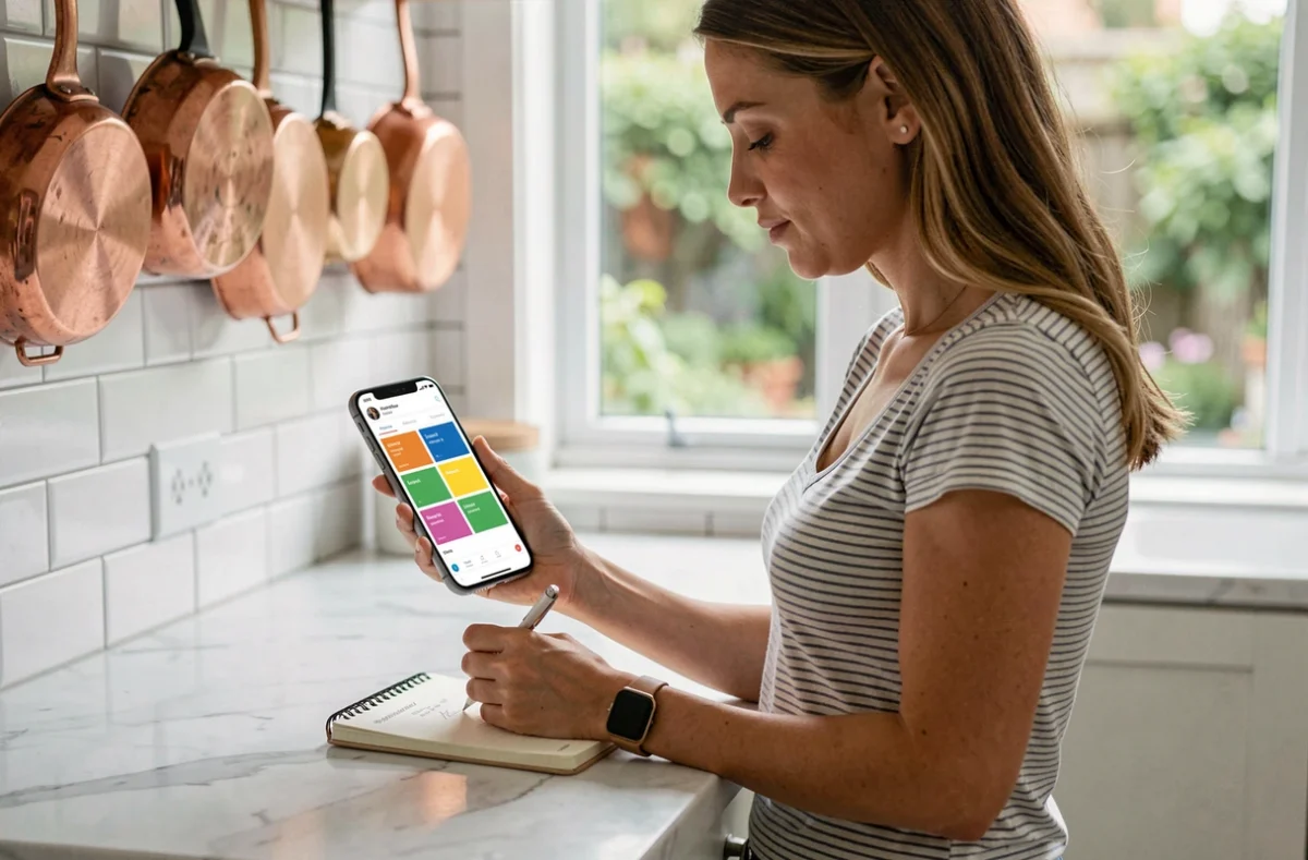 Jeune femme consultant la carte du site Let's Play Family sur smartphone dans une cuisine moderne