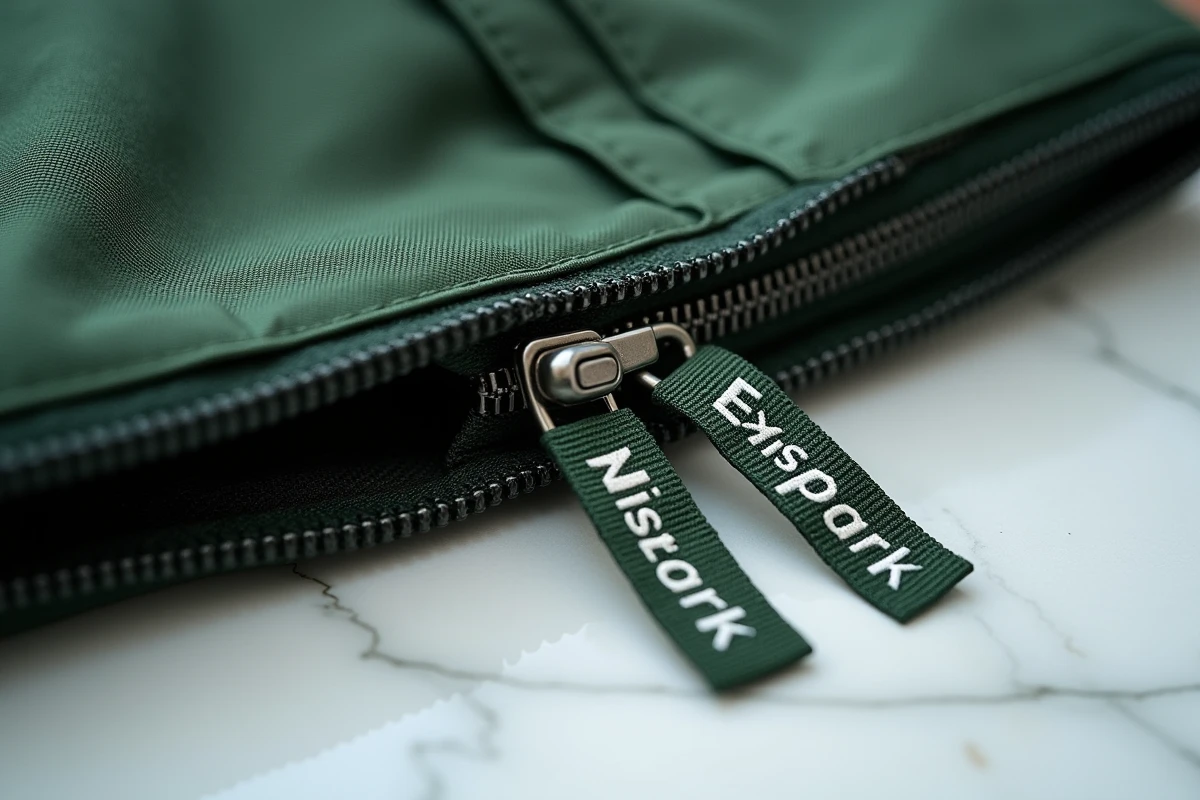 Gros plan sur une fermeture éclair YKK authentique d'un sac Eastpak