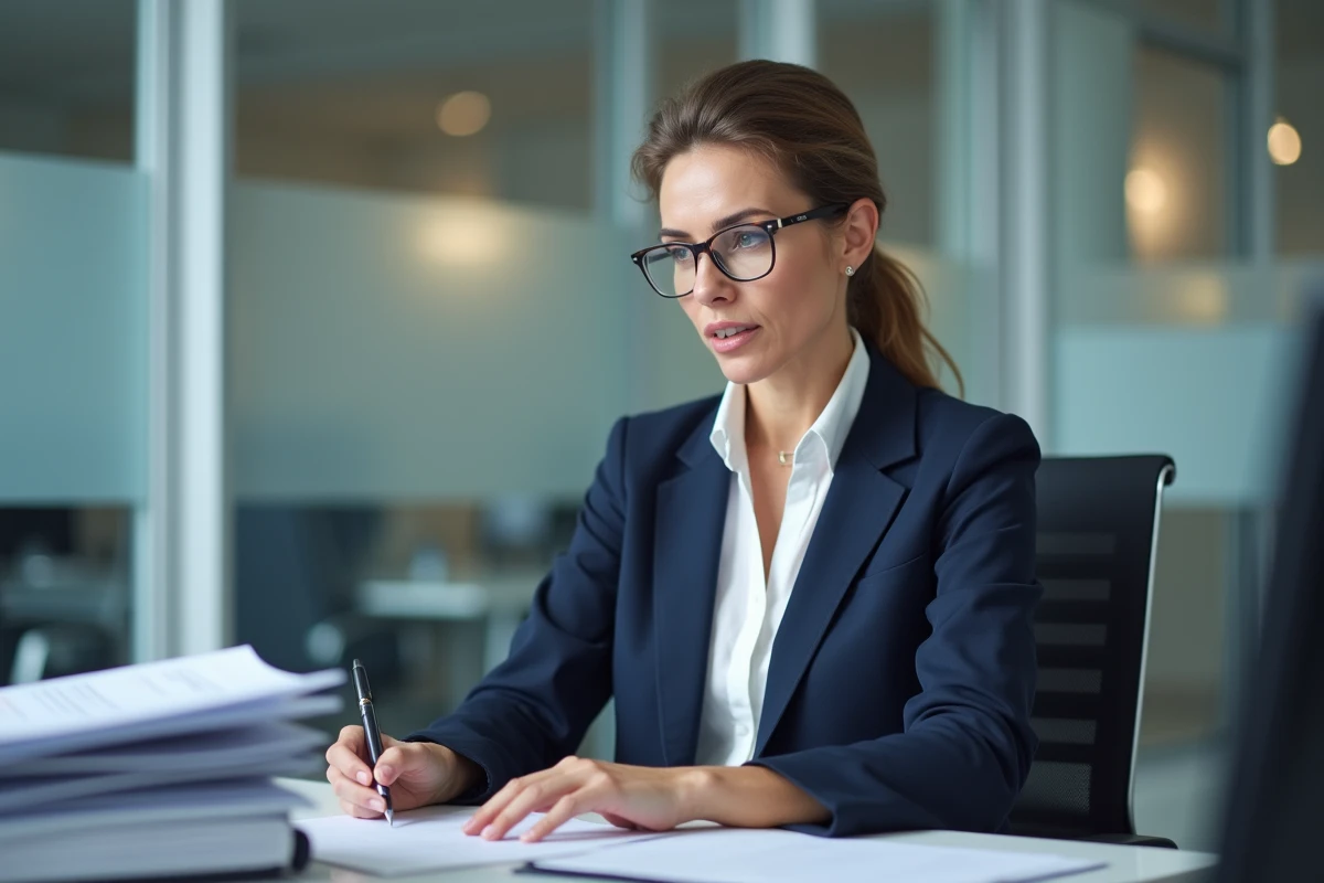 Fonctionnaire féminine en blazer marine consultant des documents de formation continue dans un bureau administratif public moderne