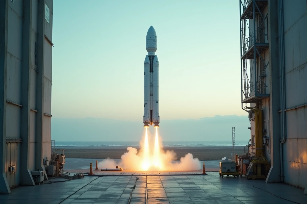 Fusée sur une rampe de lancement dans un cosmodrome côtier, illustrant les capacités de mise en orbite de satellites