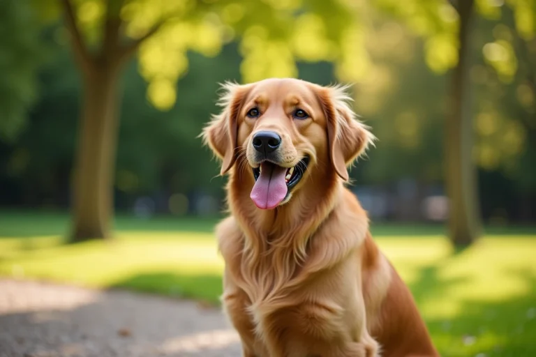 Golden retriever souriant assis dans un parc verdoyant, portrait réaliste d'un chien heureux en plein air
