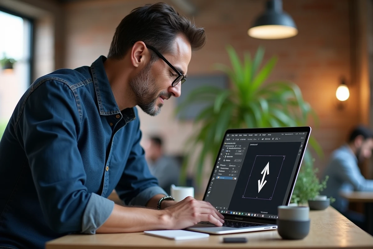 Graphiste homme utilisant Adobe InDesign sur un laptop dans un studio créatif pour créer des flèches vectorielles